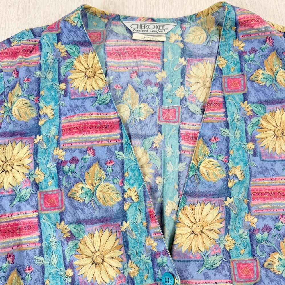CHEROKEE Uniform Women Scrub Top Longsleeve Extra Small Snap Up Sunflower Y2K